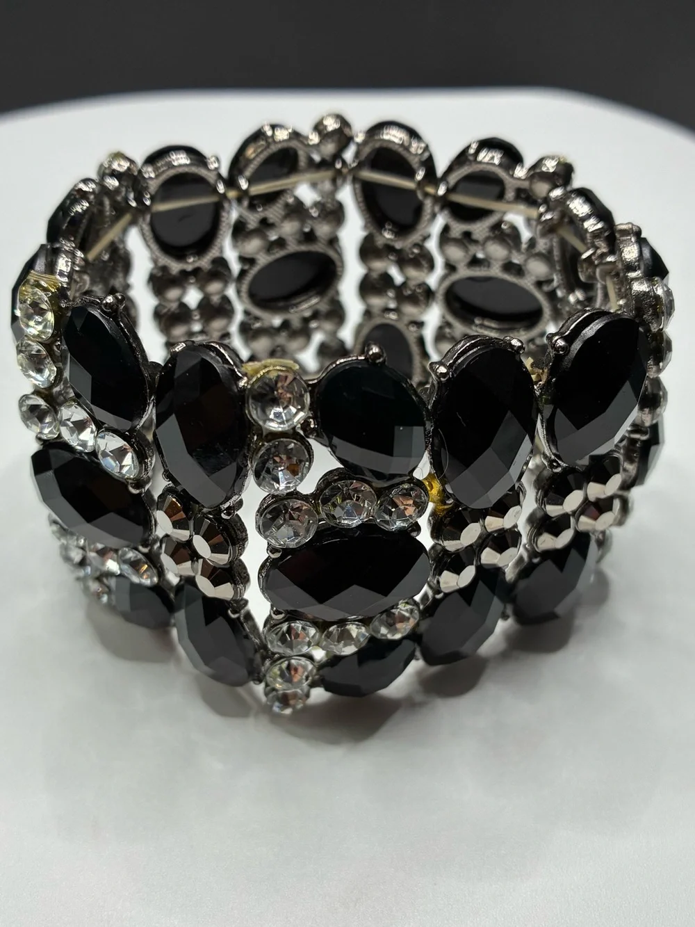 Bold Vintage Black & Silver Crystal Stretch Statement Bracelet